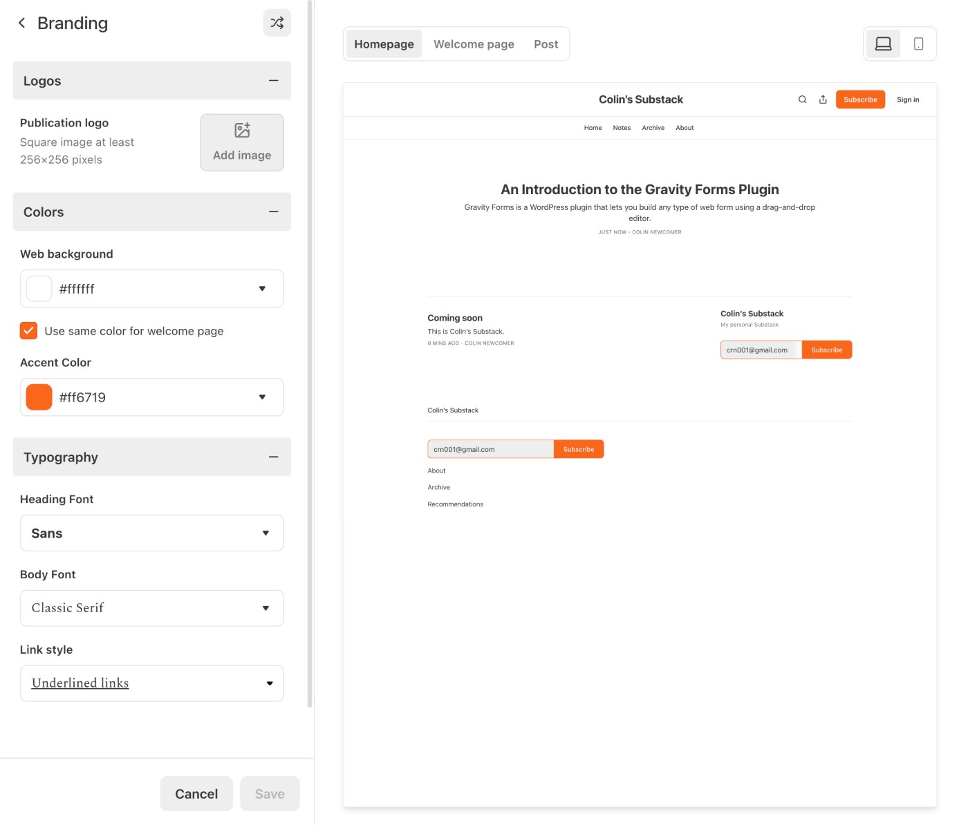 Substack theme editor