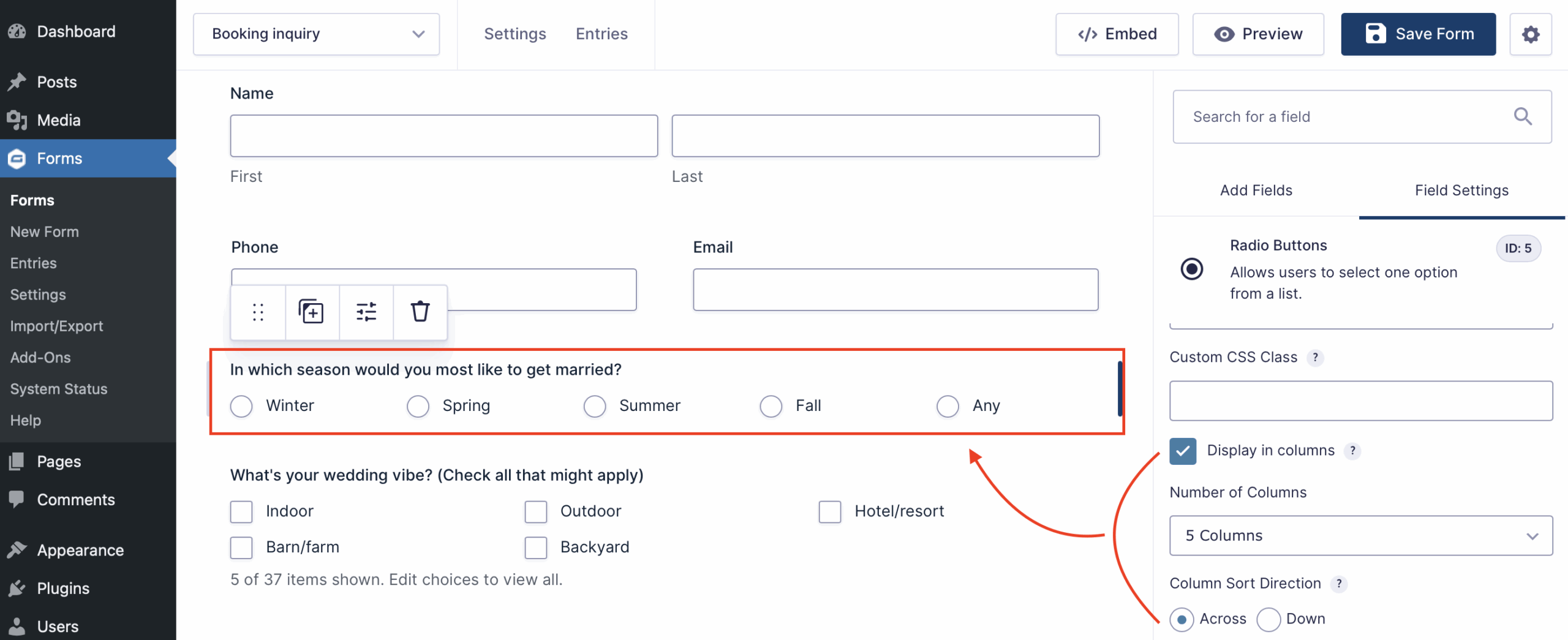 Gravity Forms 2.9.16 Display choices in columns