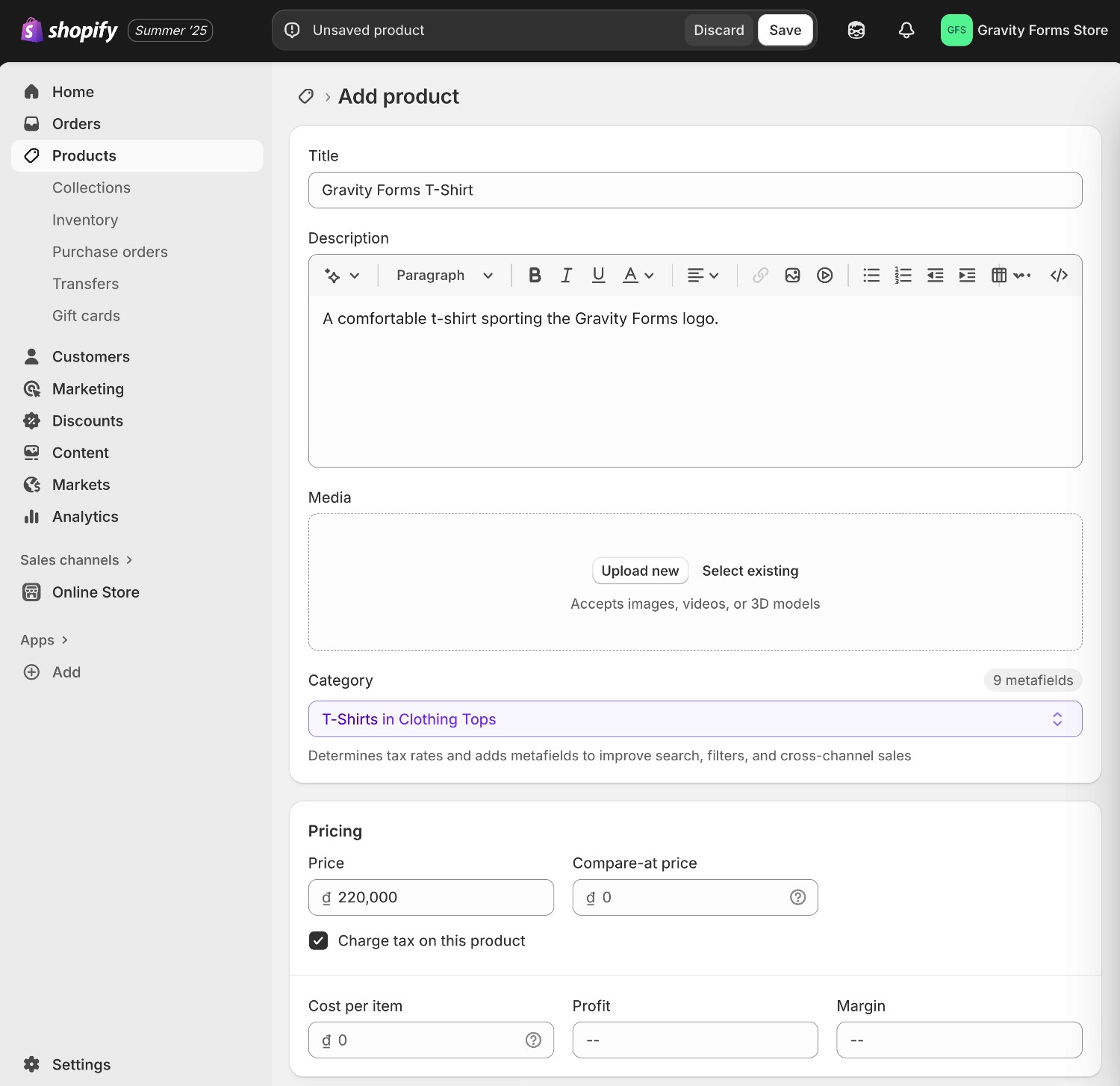 Shopify add product interface