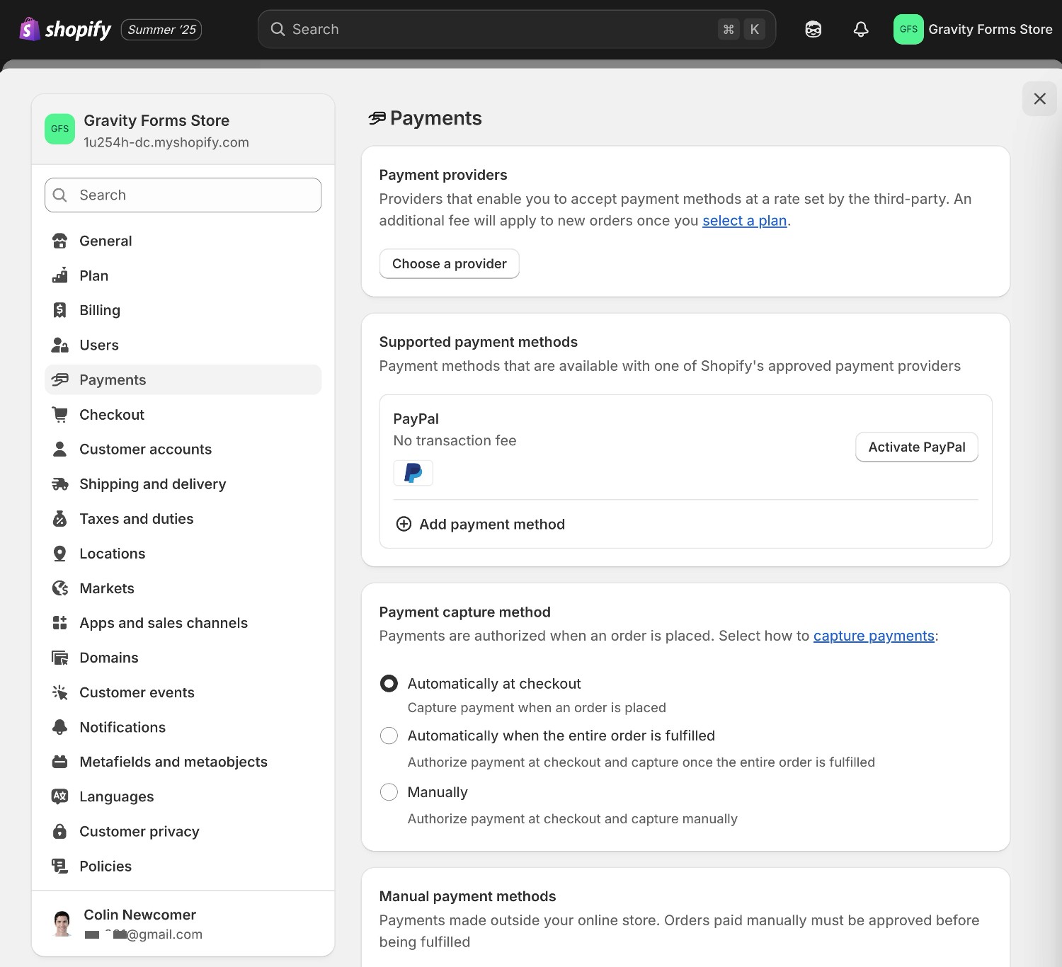 Shopify settings