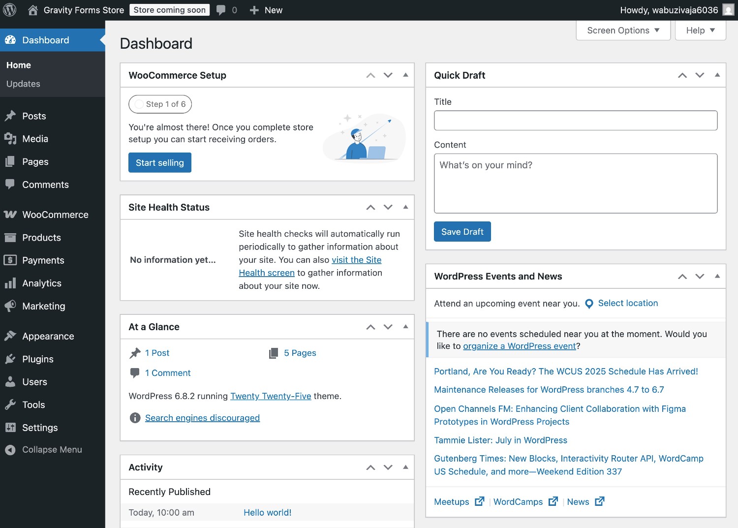 WordPress dashboard