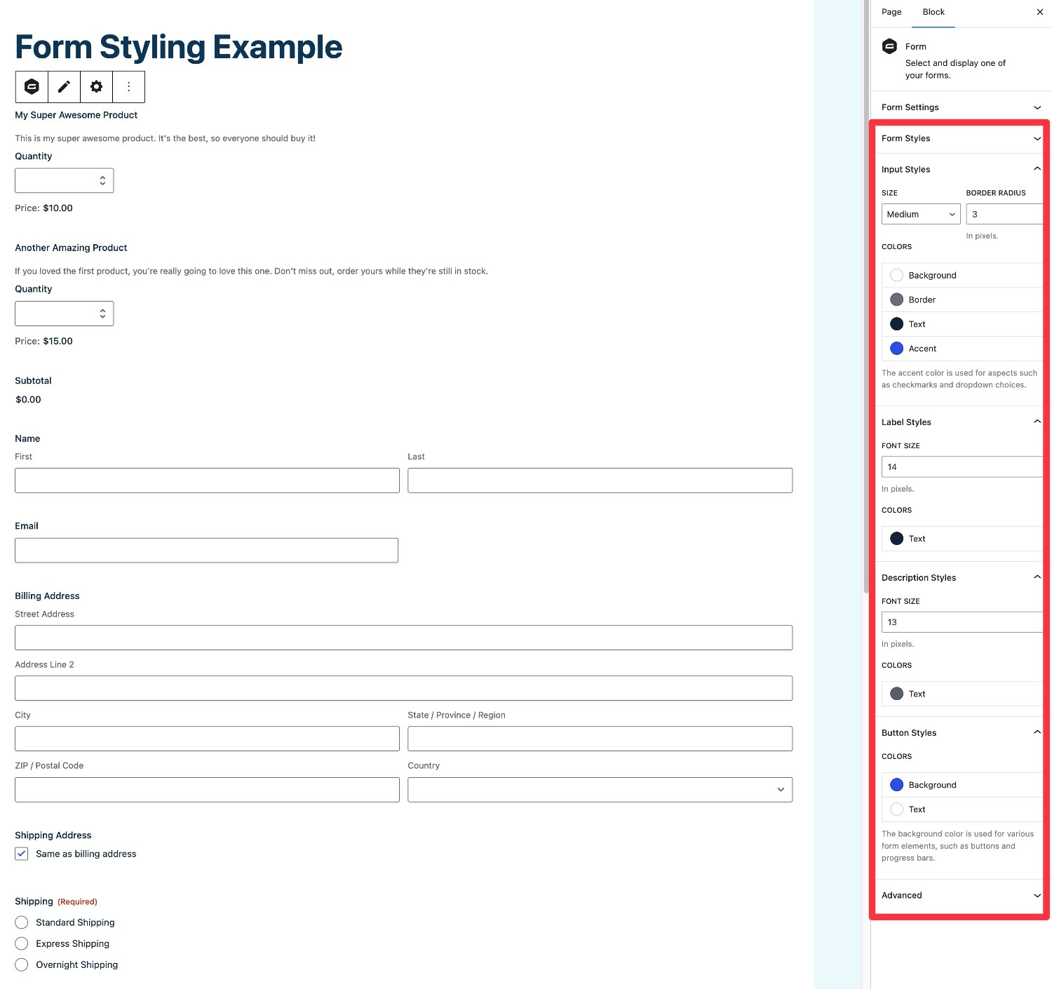 Gravity Forms styling options