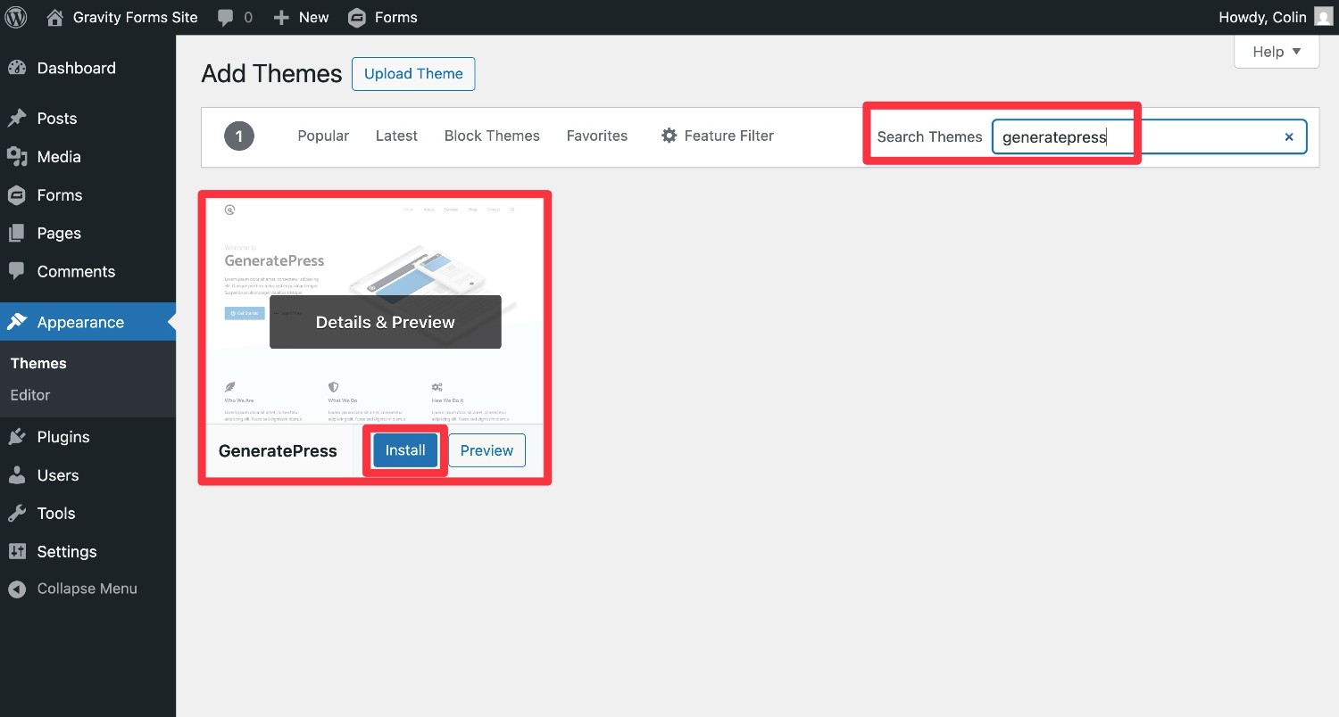 Search for WordPress theme from WordPress.org