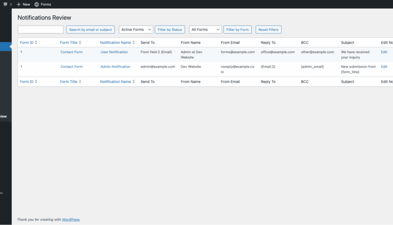 Notification Review for Gravity Forms