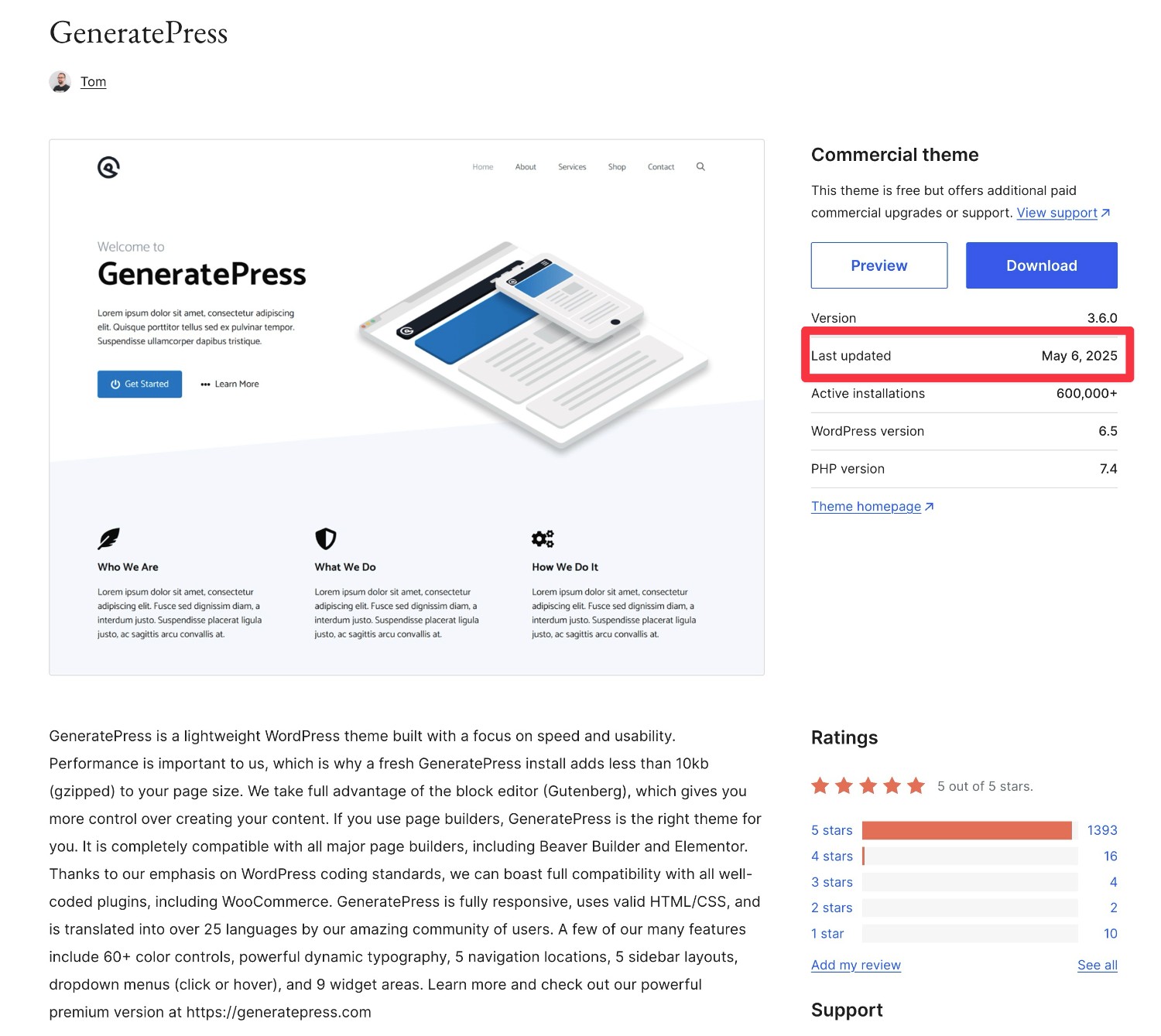 WordPress theme recent update data