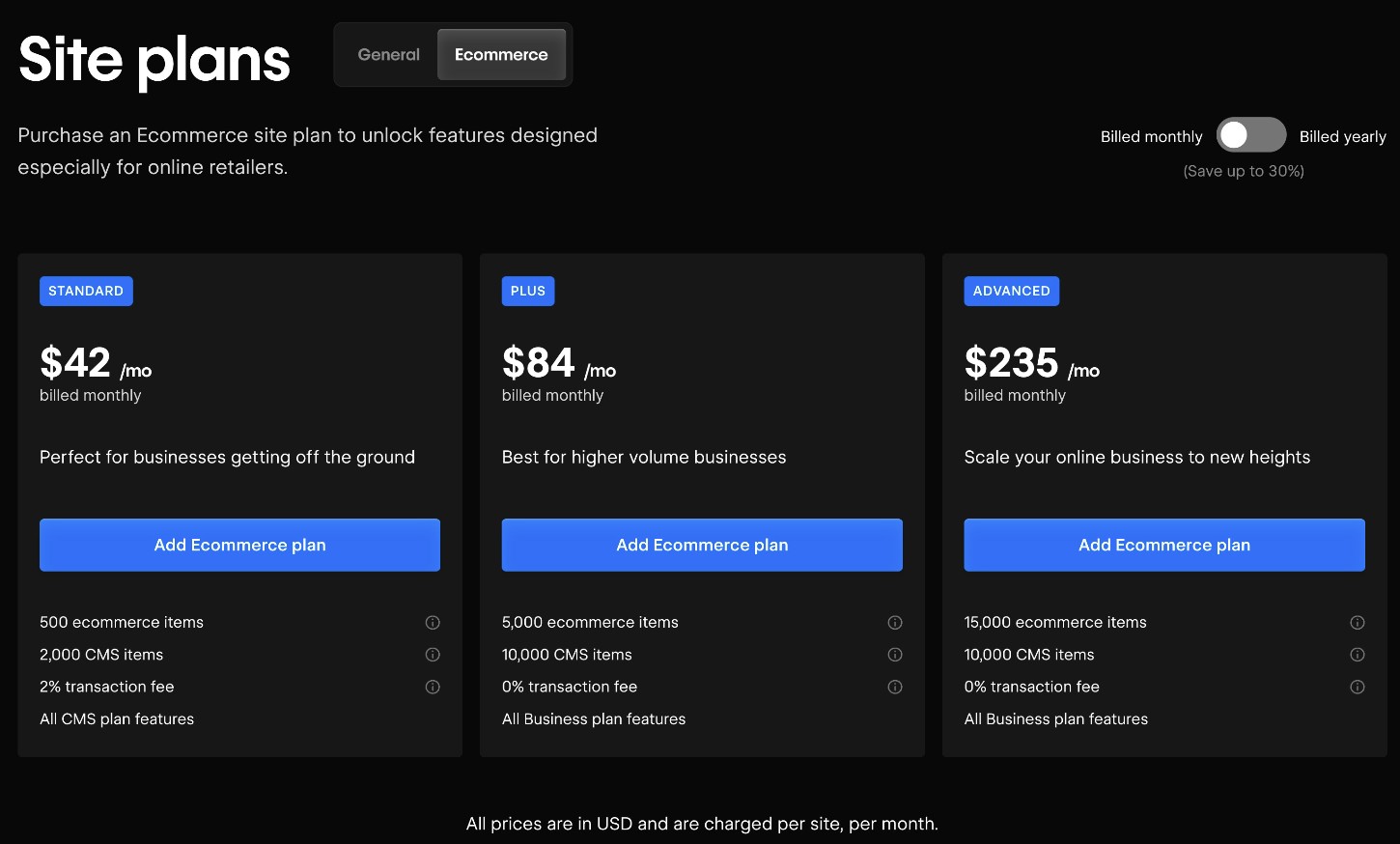 Webflow ecommerce pricing