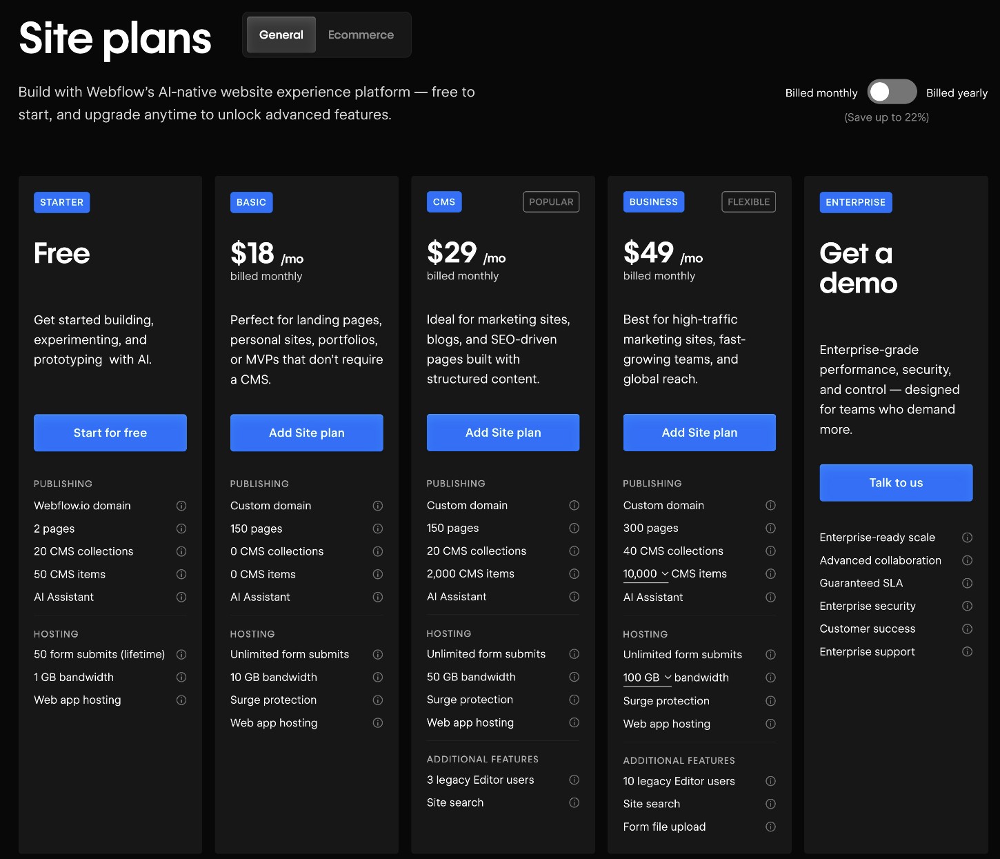 Webflow general site pricing