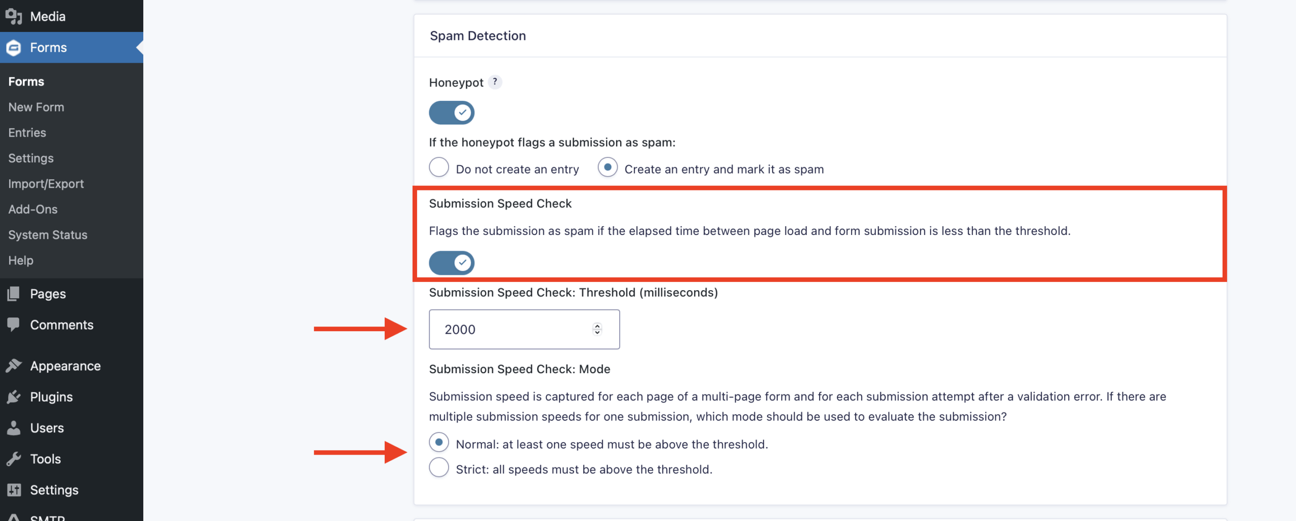 GF 2.9.21 honeypot submission speed check settings