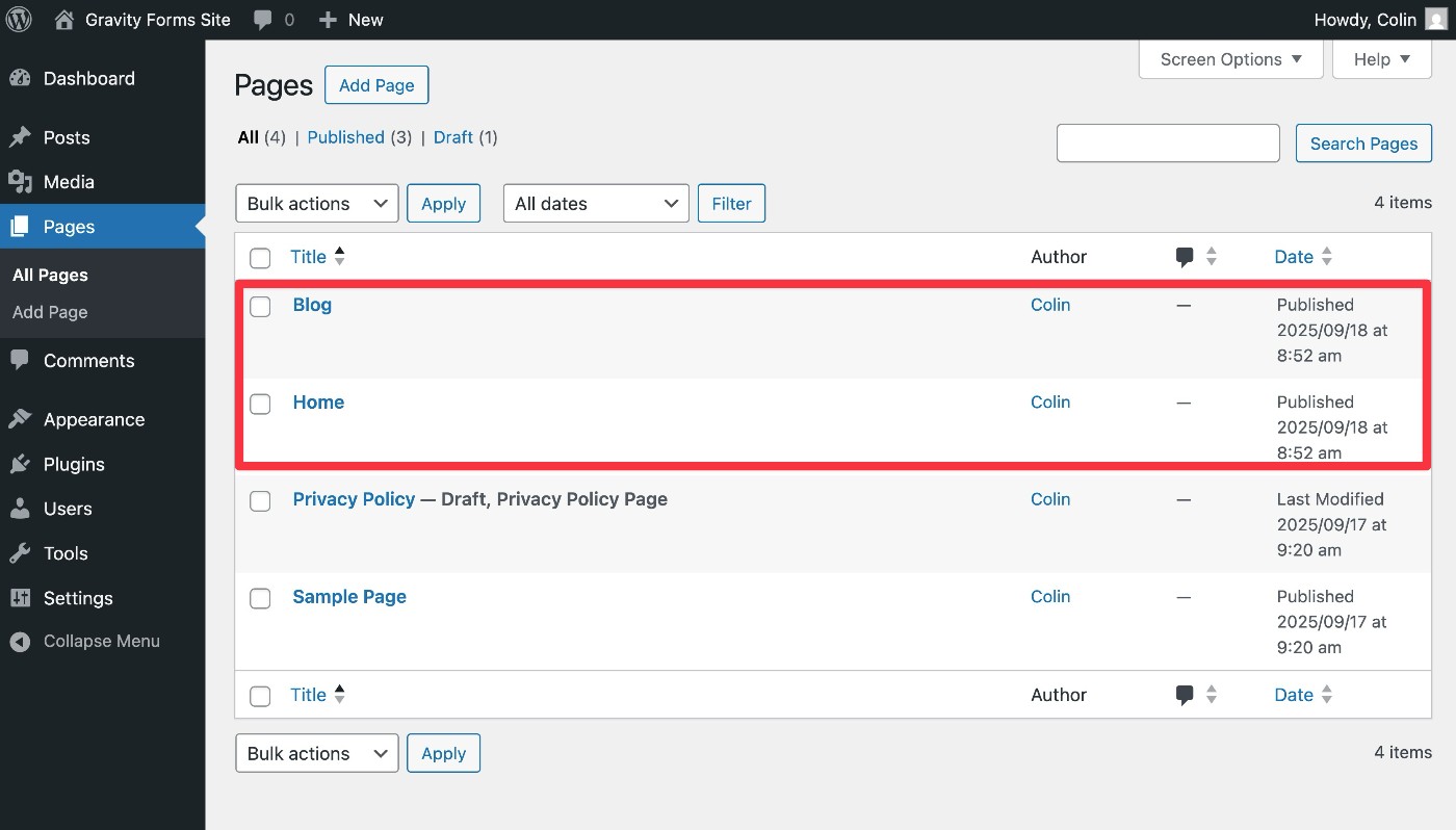 Create WordPress pages for blog and homepage