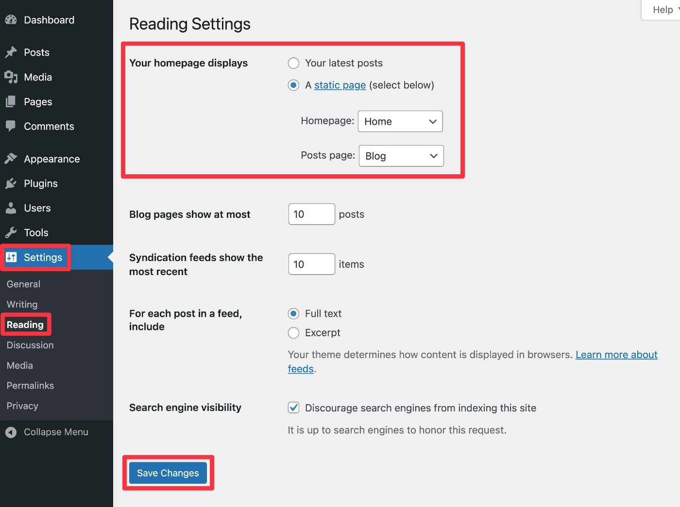 Set WordPress static homepage and blog page