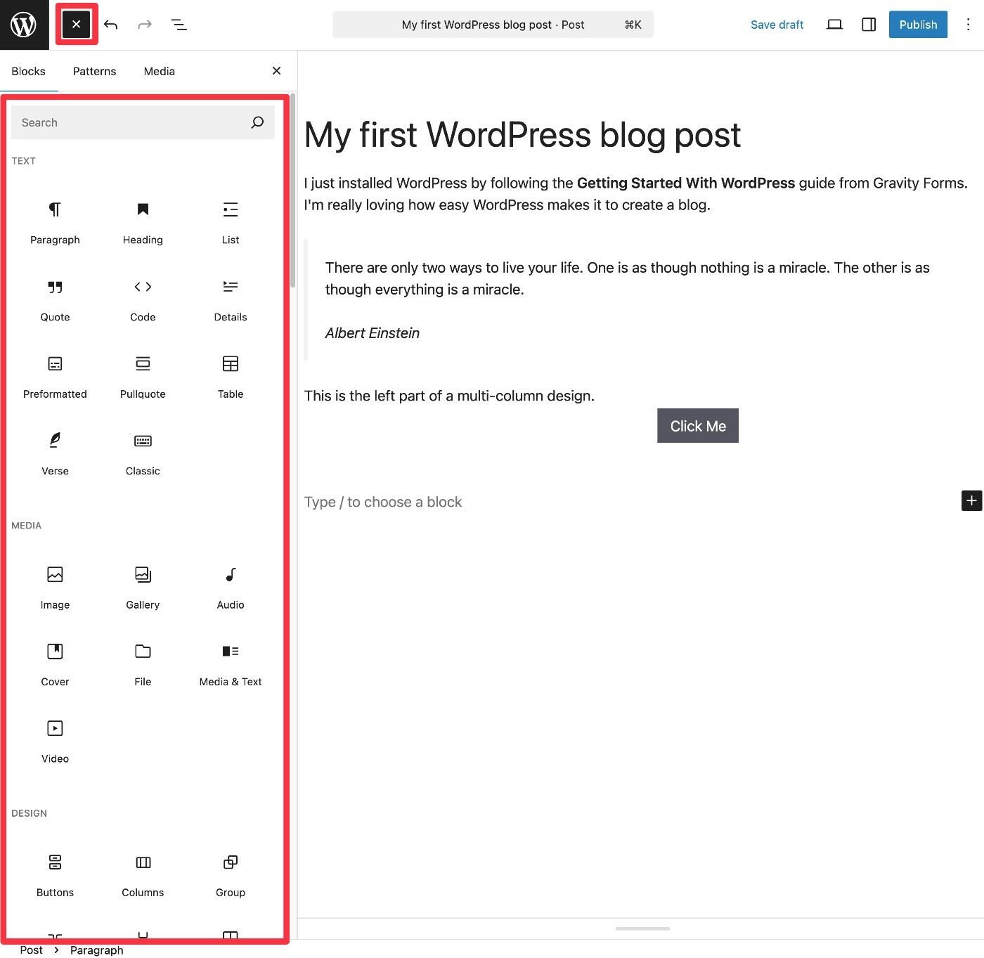 Insert blocks in blog posts
