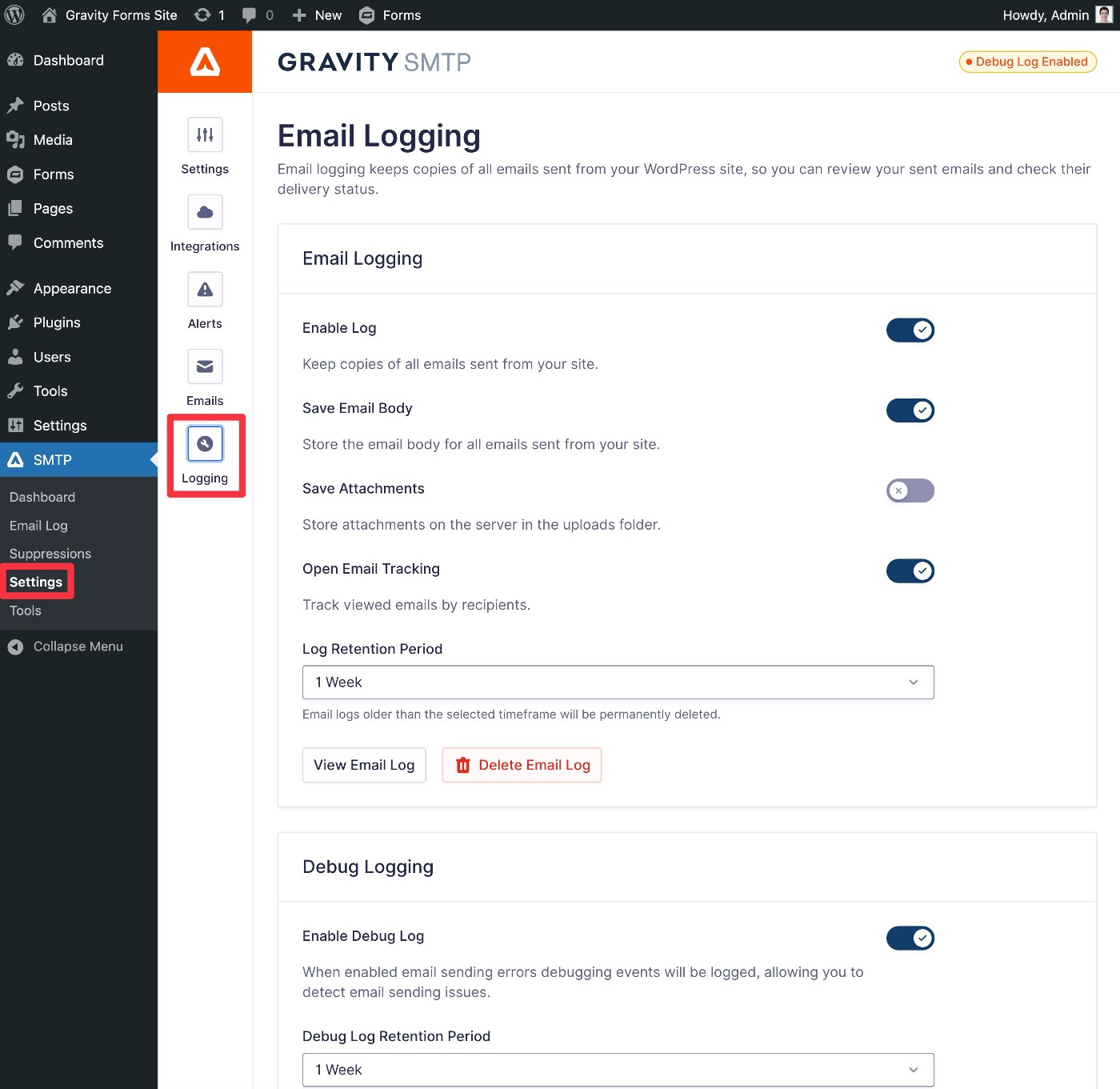 Gravity SMTP email log settings