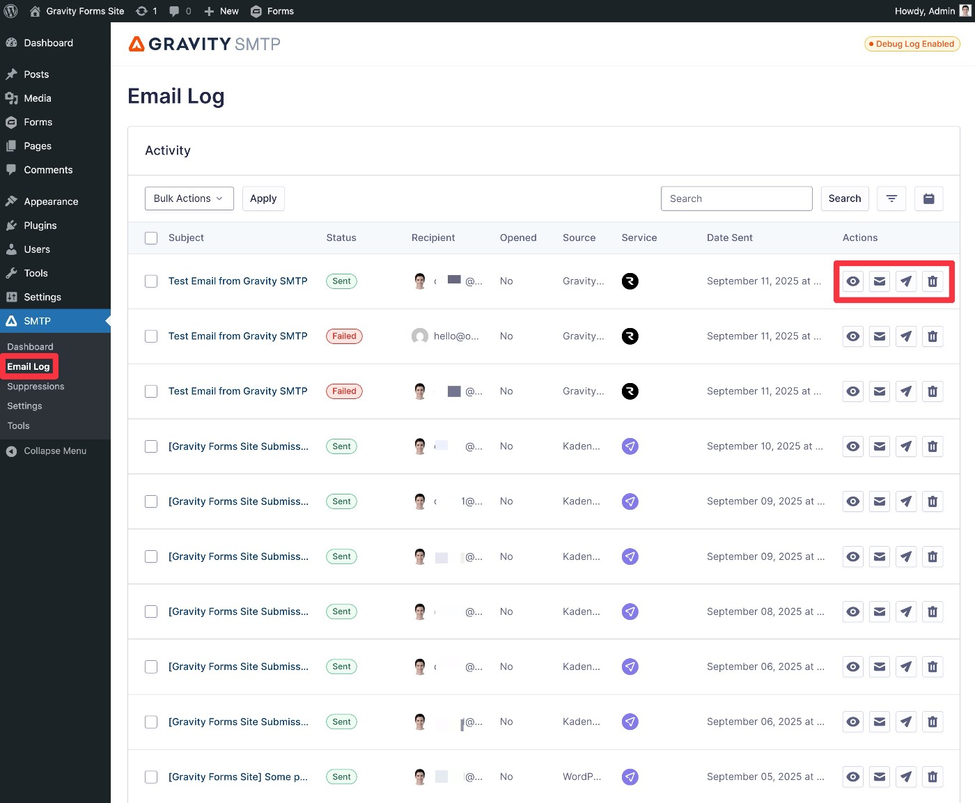 Gravity SMTP email log