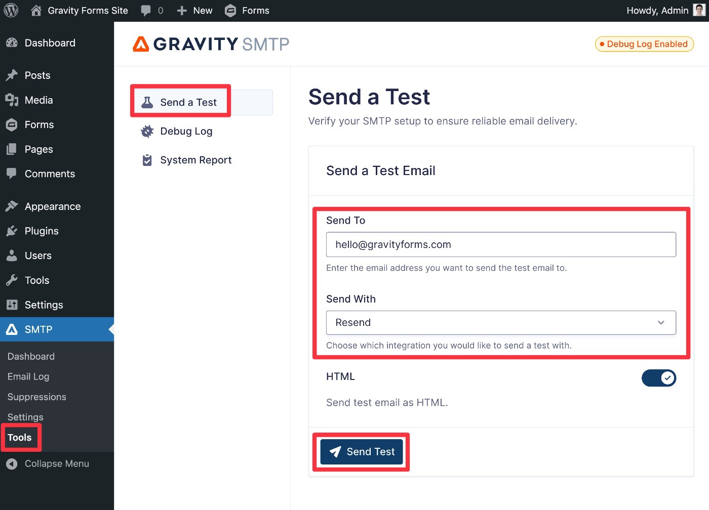 Send WordPress Resend transactional email test