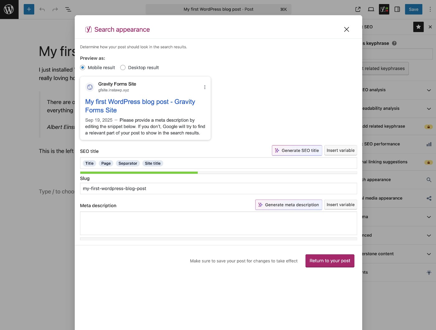 Yoast SEO settings