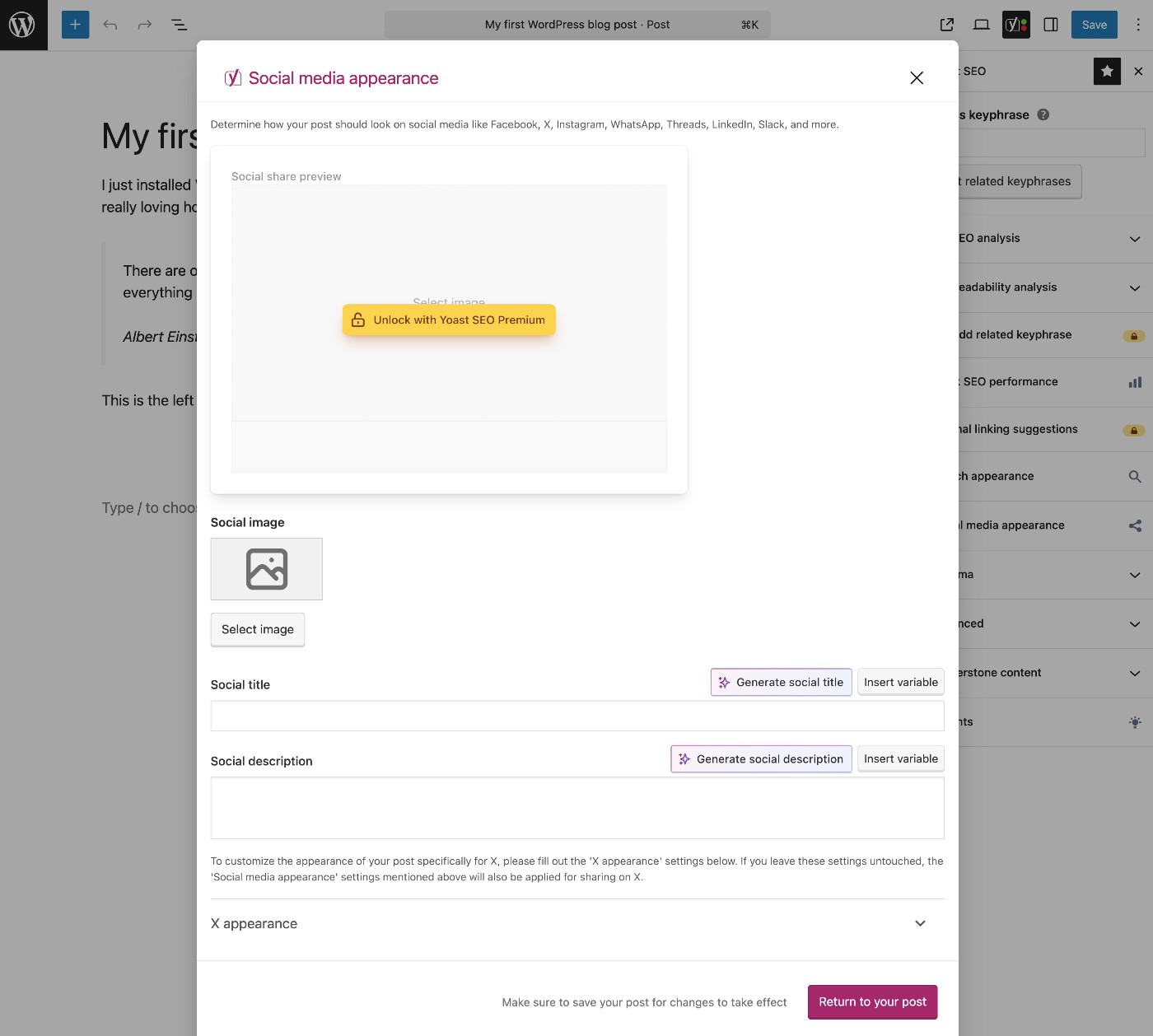 Yoast SEO social media settings