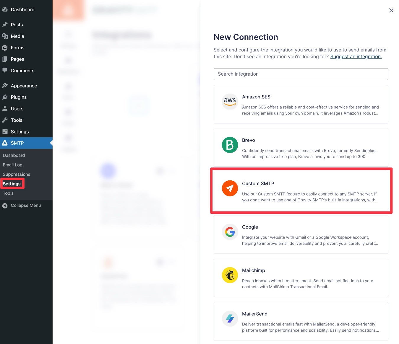 Select the Custom SMTP option