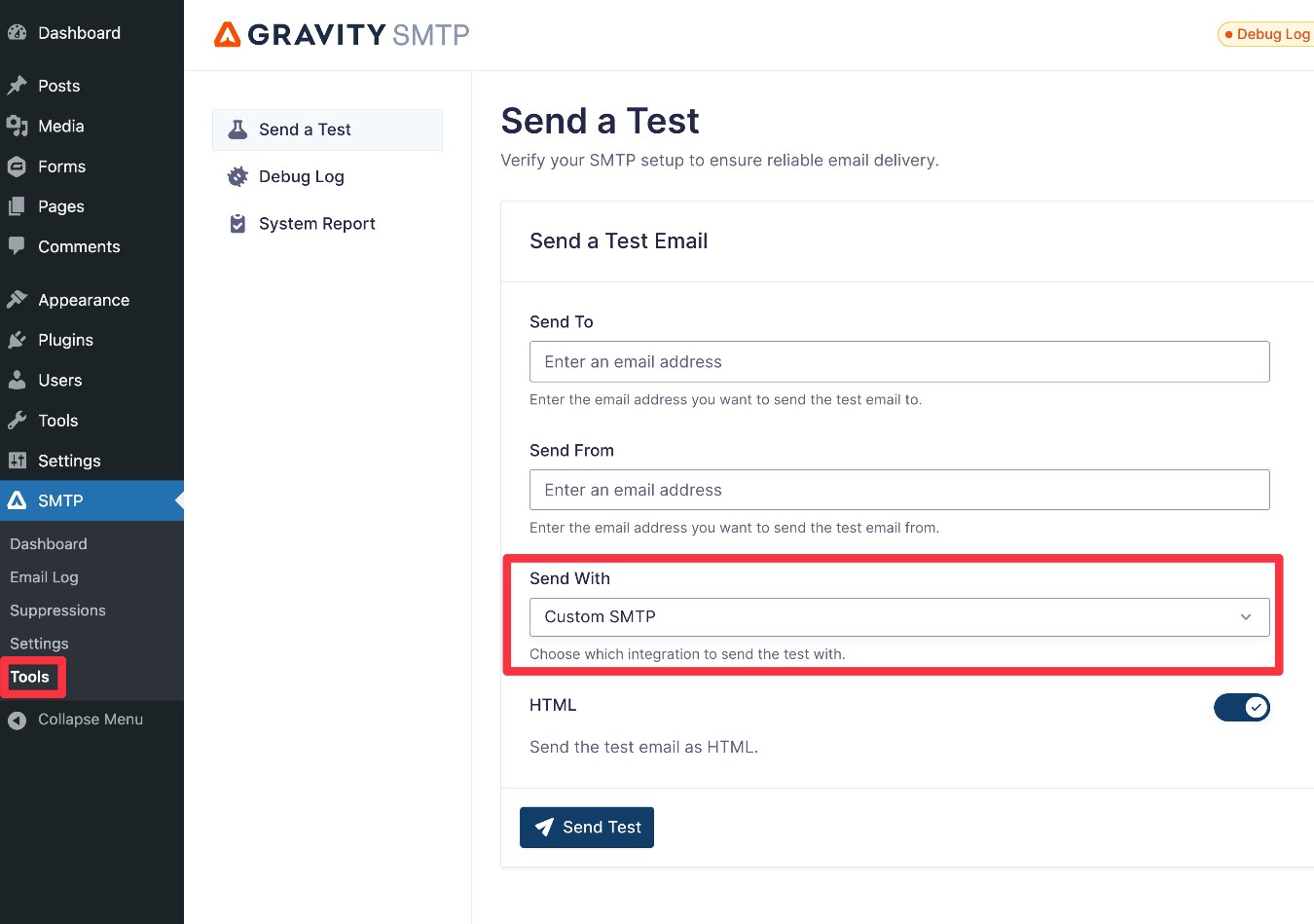 Send a test email using custom SMTP