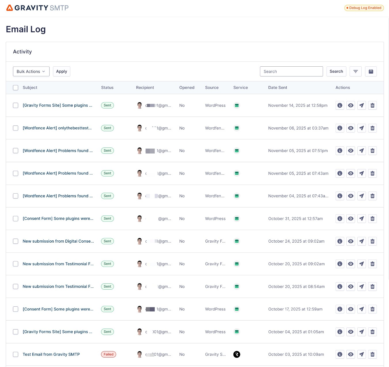 Gravity SMTP email log