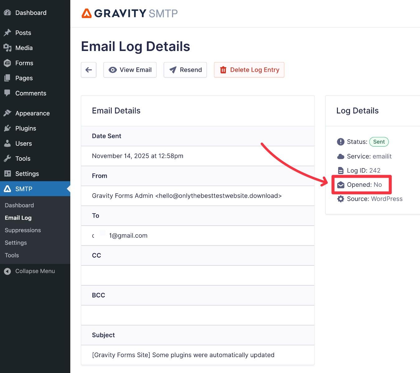 Gravity SMTP open tracking for individual emails