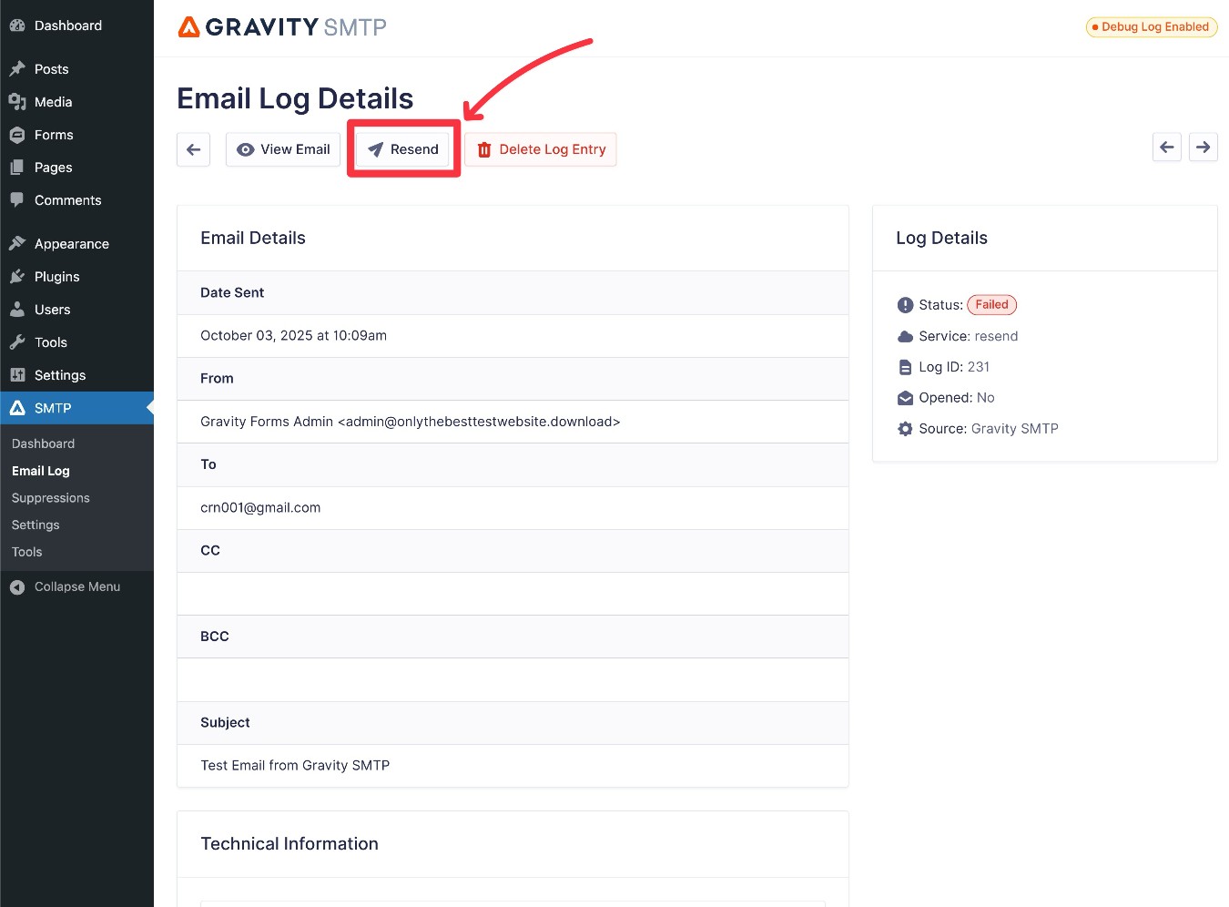 Gravity SMTP manual email resend