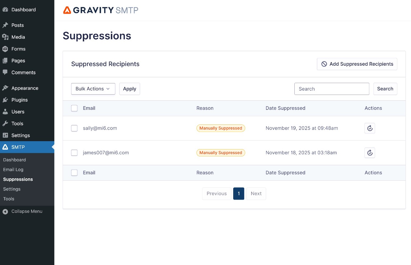 Gravity SMTP email suppression list