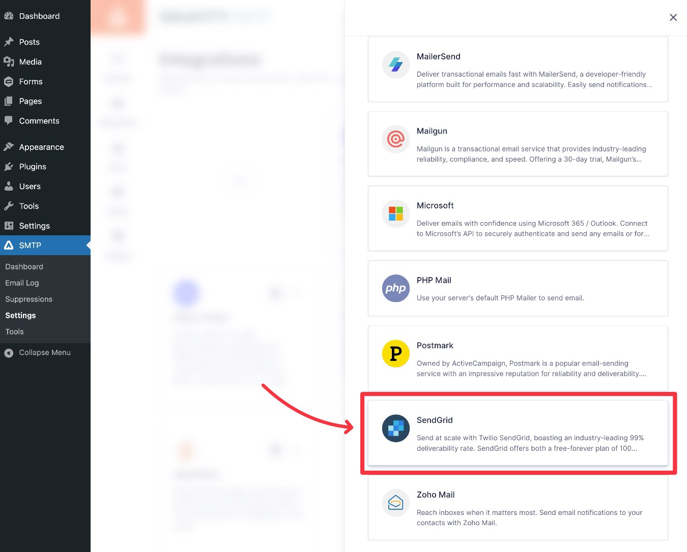 Gravity SMTP select SendGrid integration