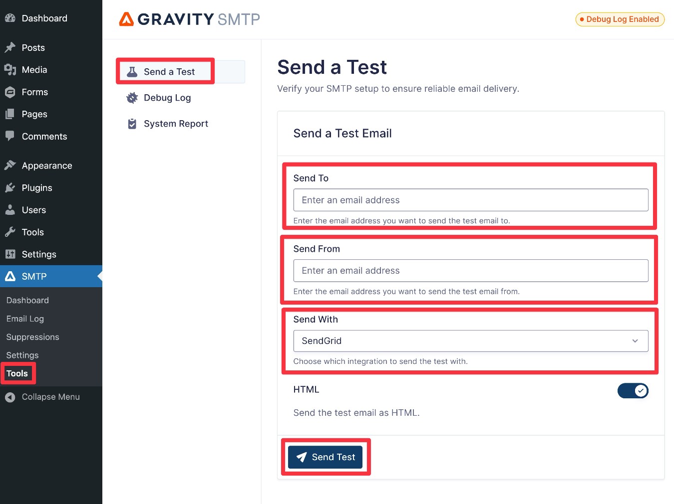 Gravity SMTP send a test email using SendGrid