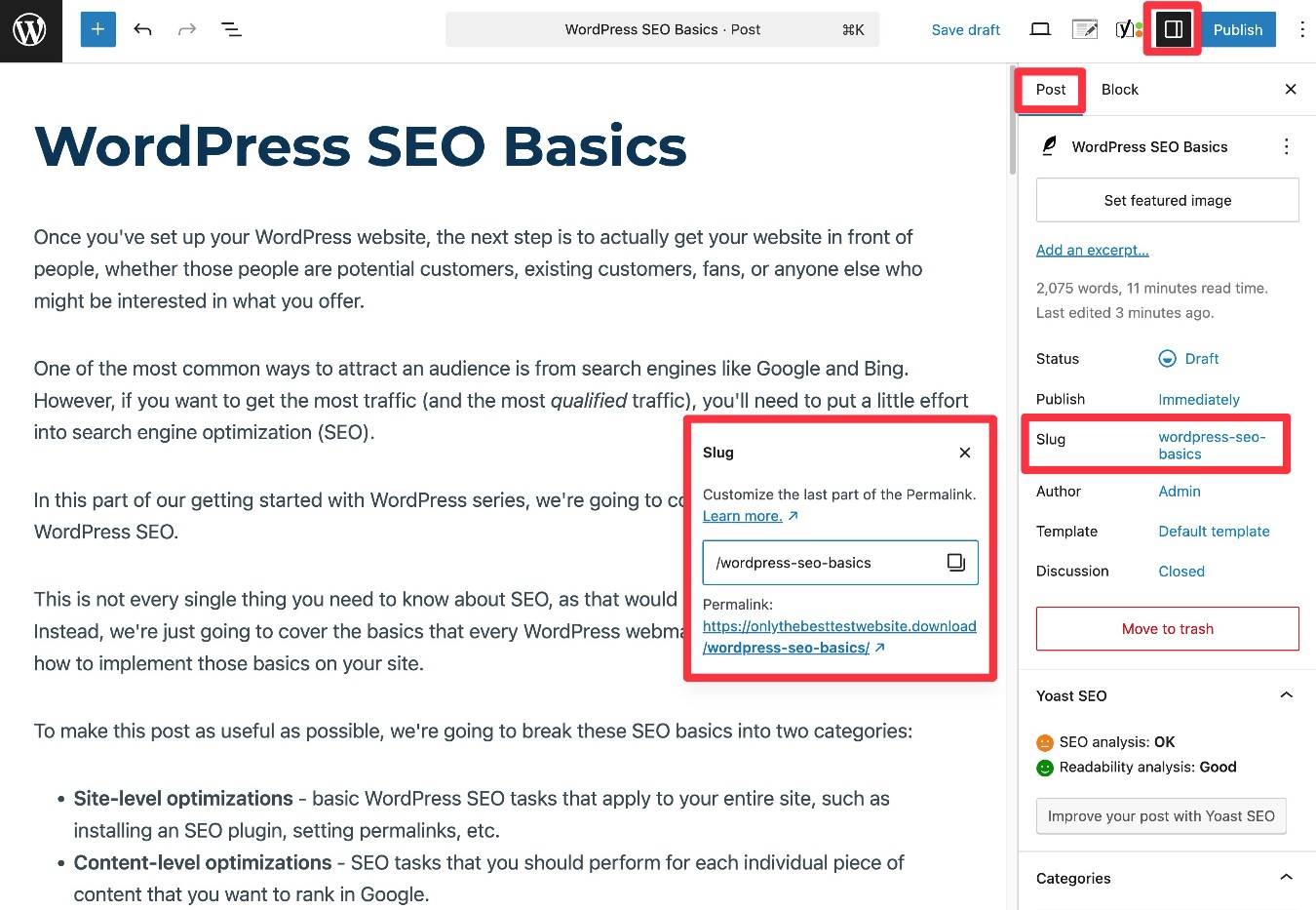 How to set WordPress post slug