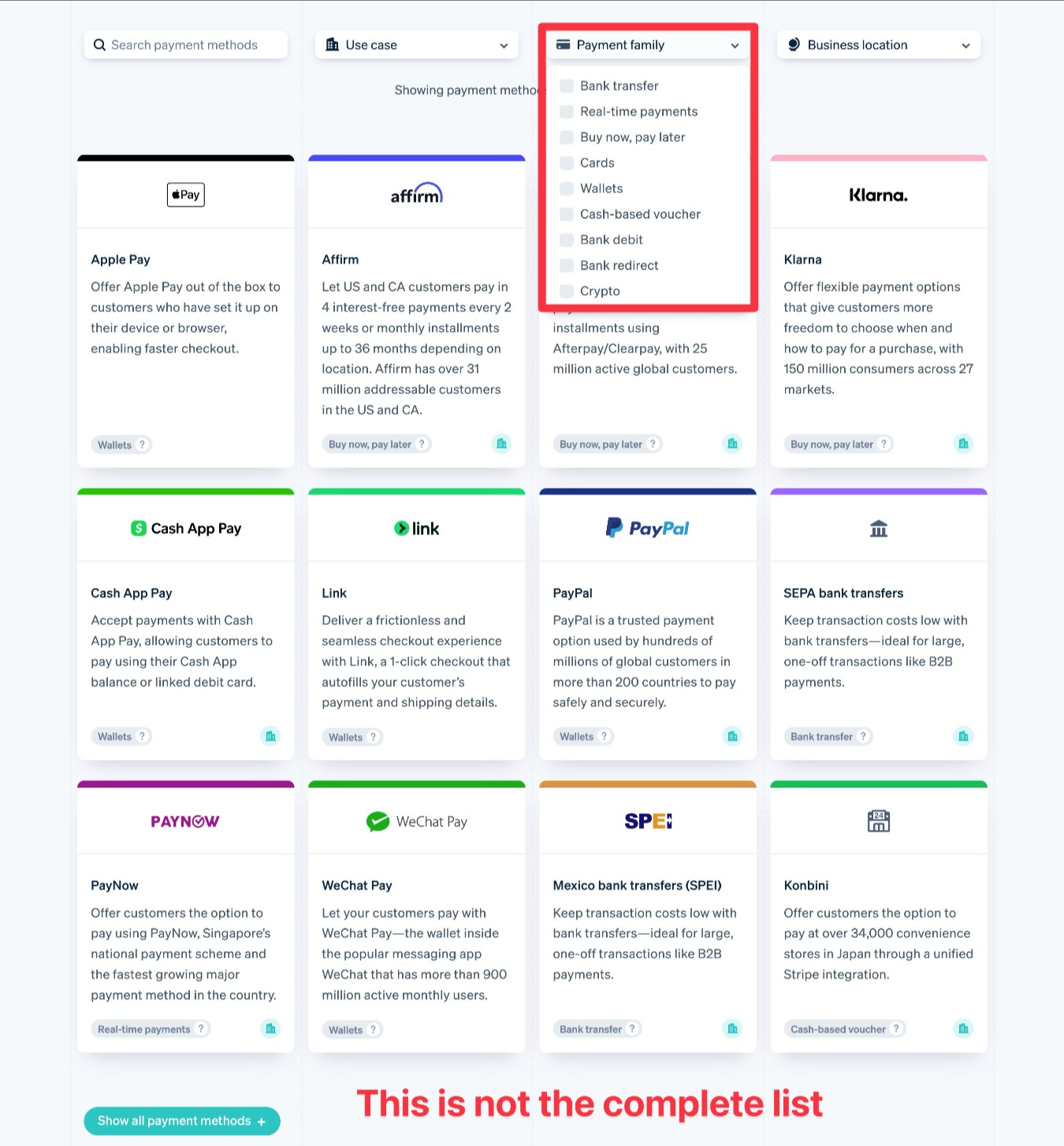 Stripe payment method support