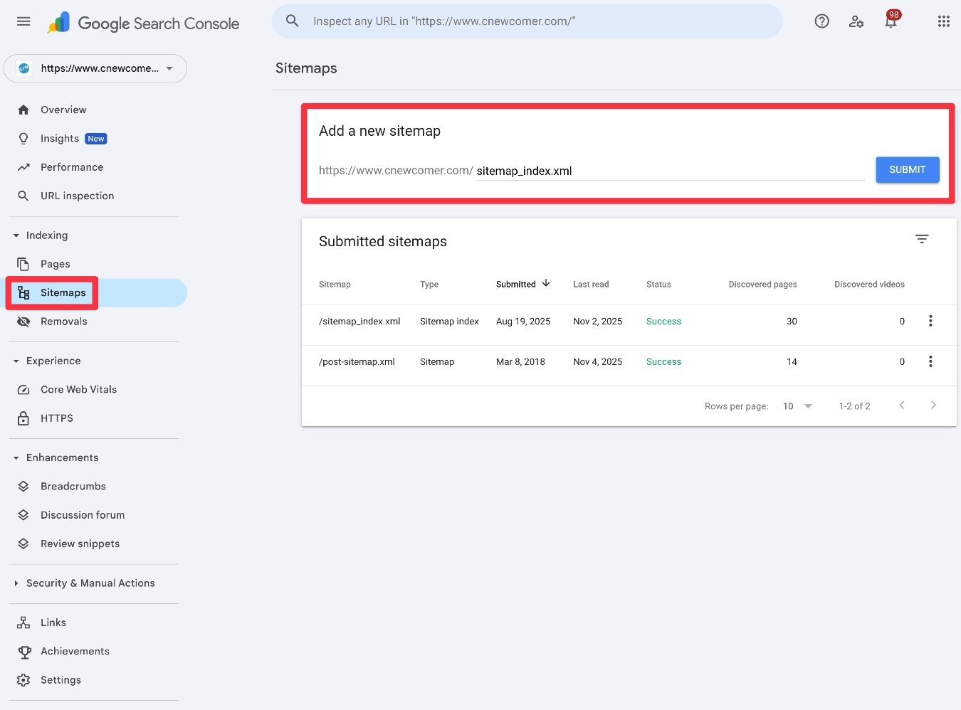 Add sitemap to Google Search Console