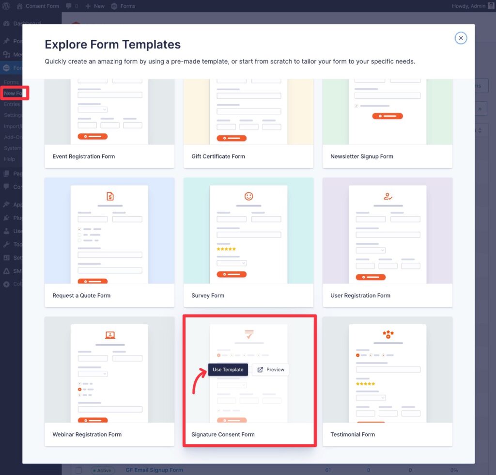 Choose the Gravity Forms digital consent form template