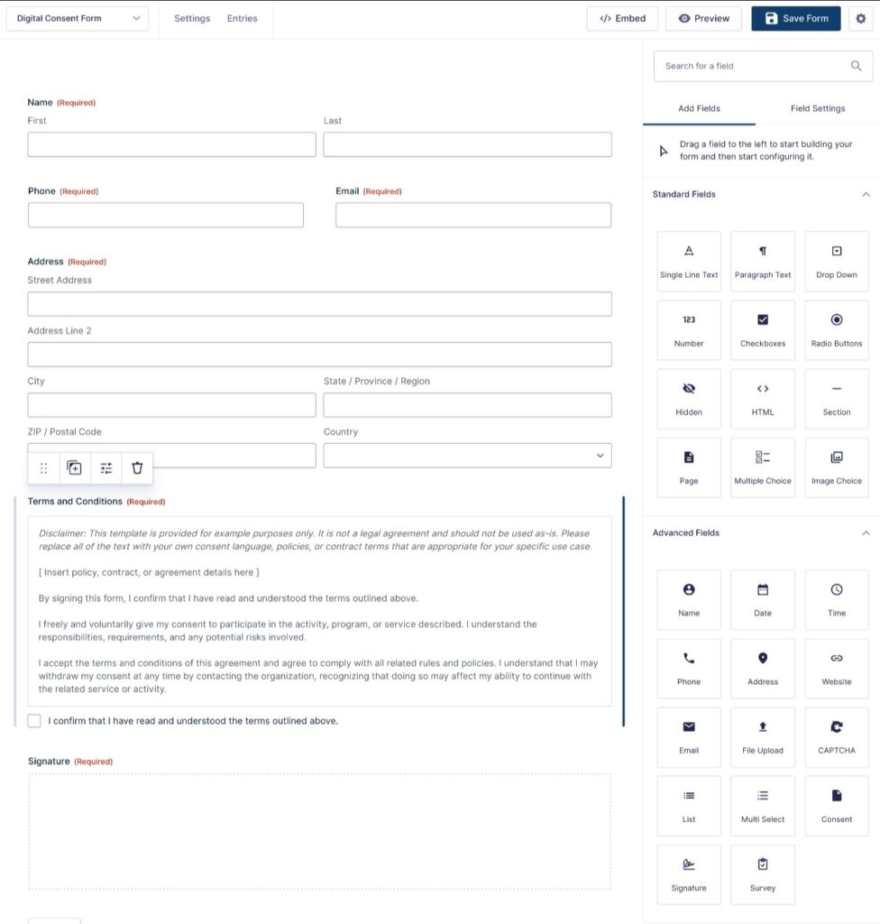 Using the Gravity Forms builder to customize consent form fields