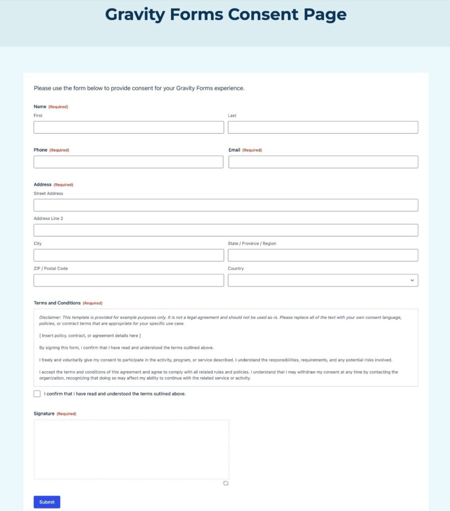An example of a WordPress digital consent form