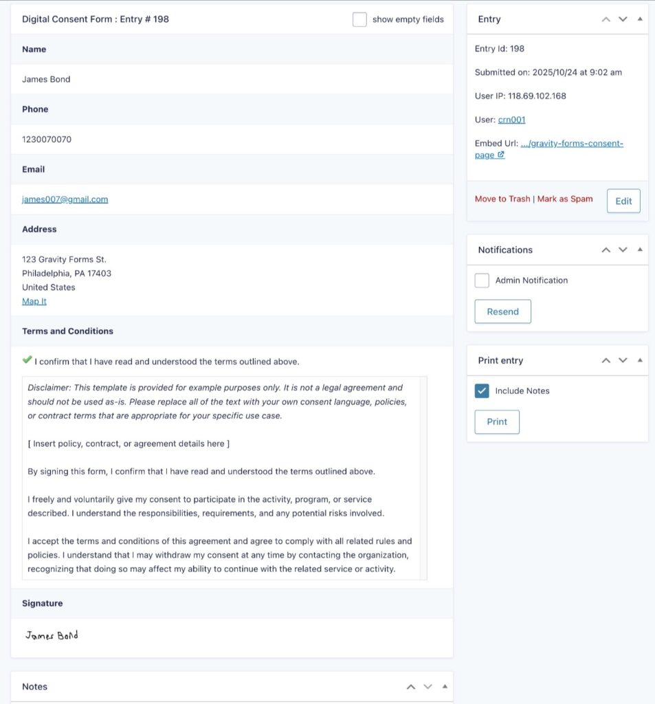Consent submission details