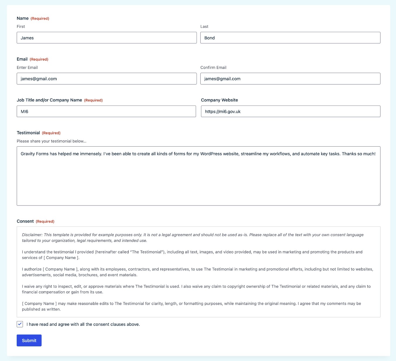Example of a WordPress testimonial form