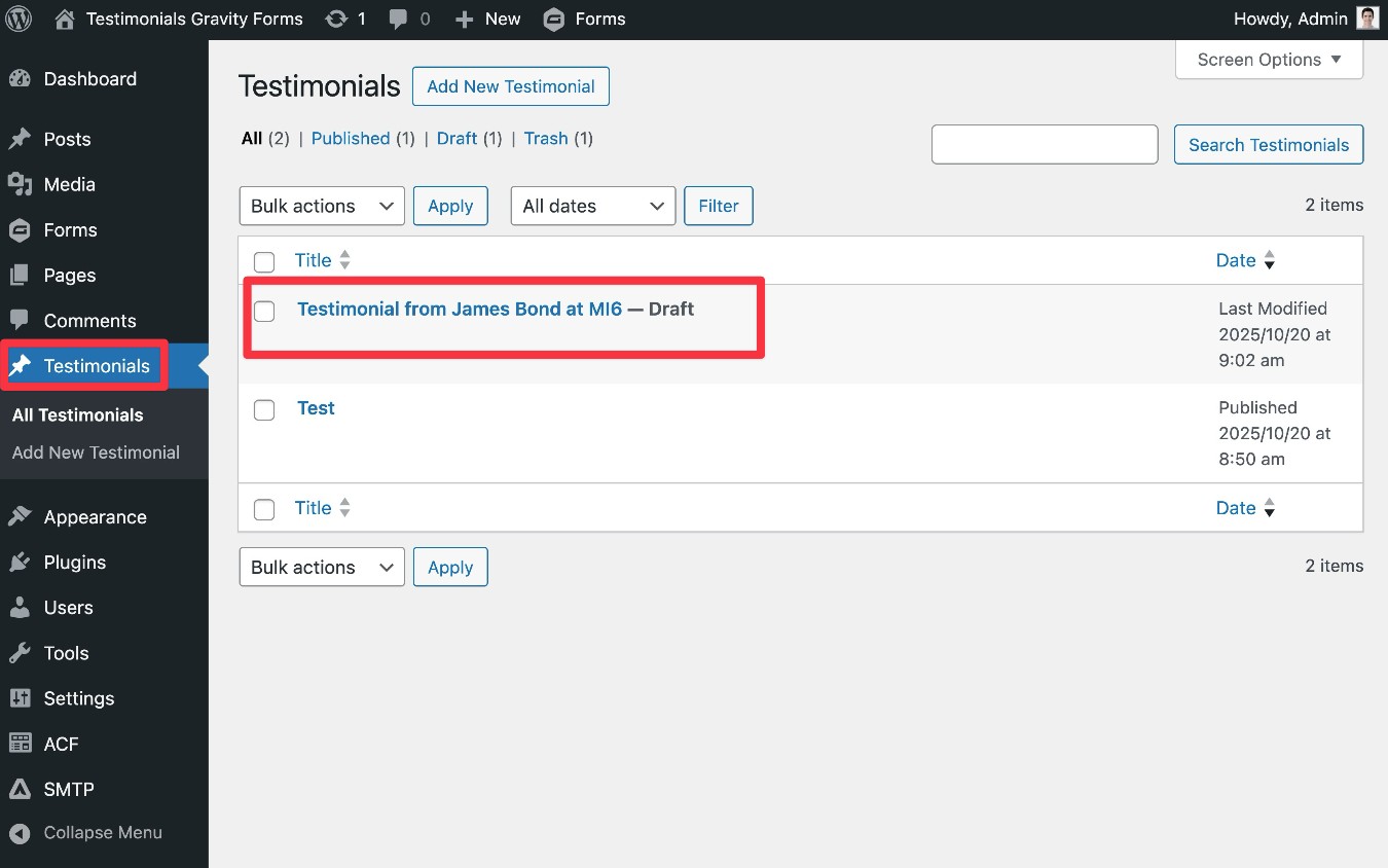 A new testimonial in the post type