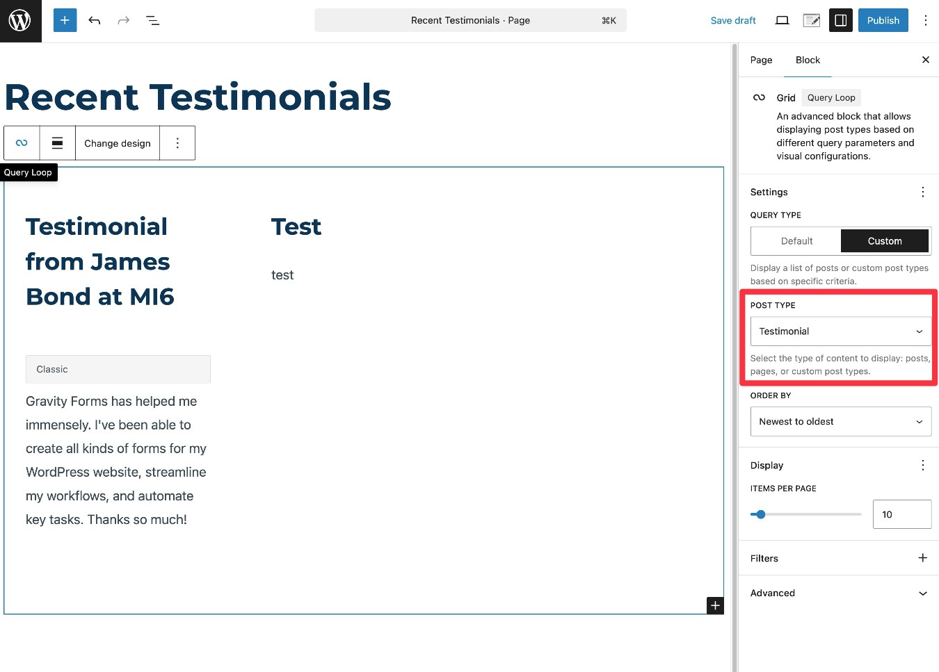 How to display testimonials using the Query Loop block