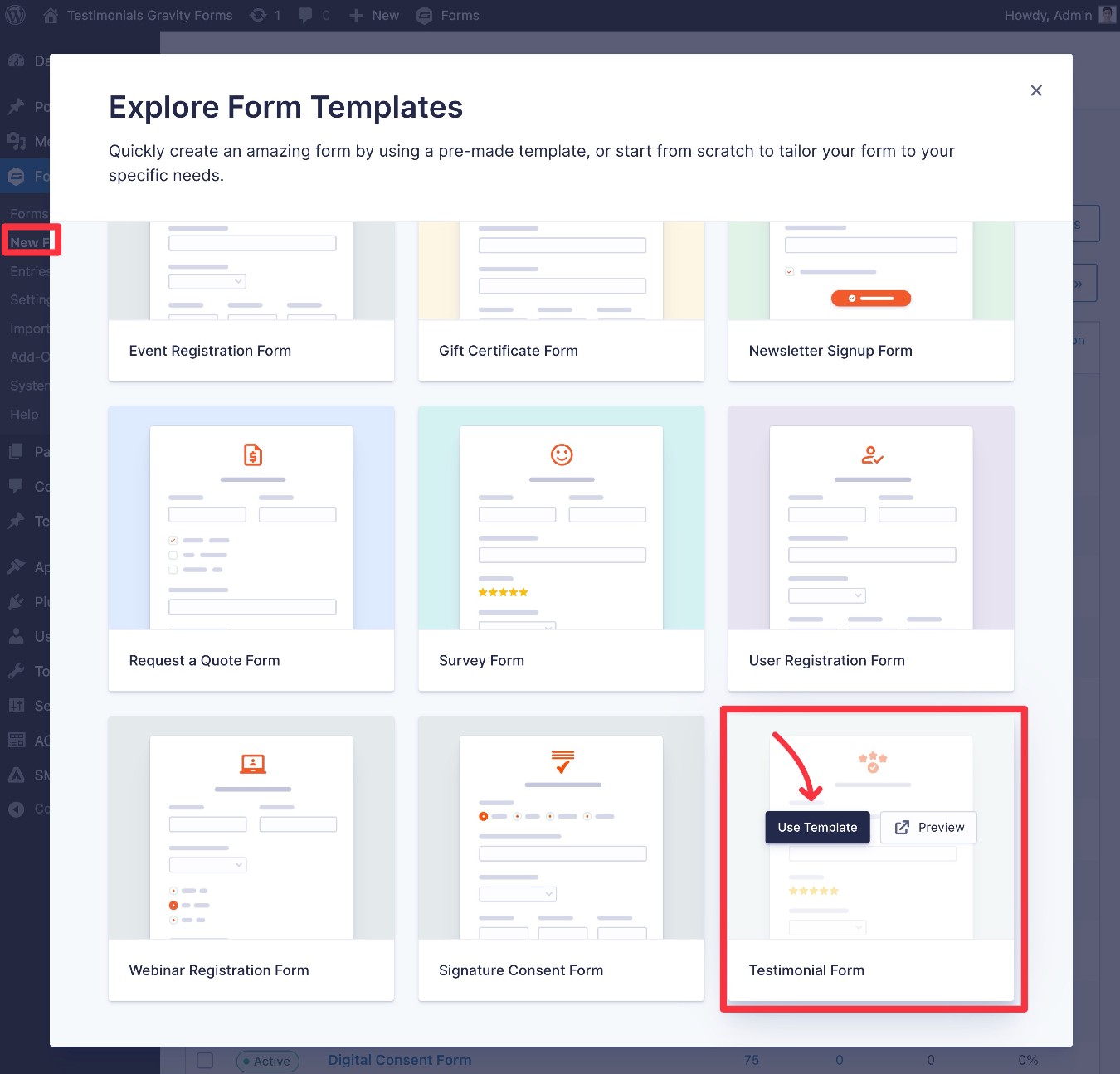 Import the Gravity Forms testimonial form template