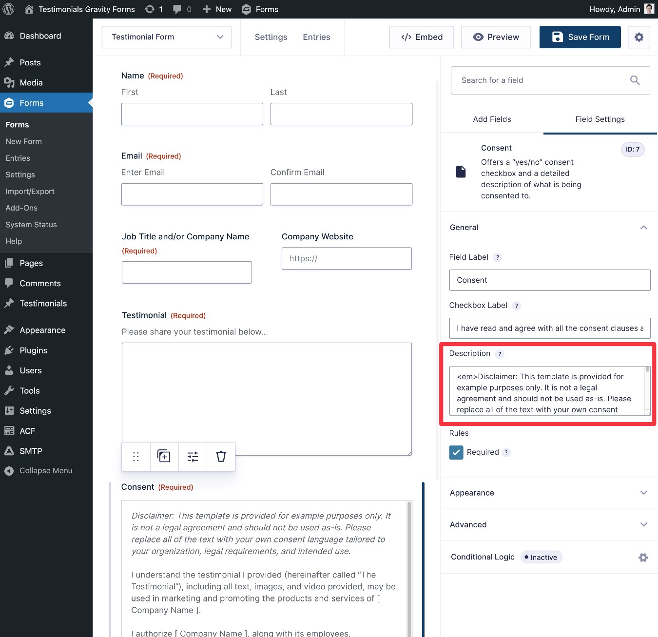 Customize the testimonial form template using the Gravity Forms builder