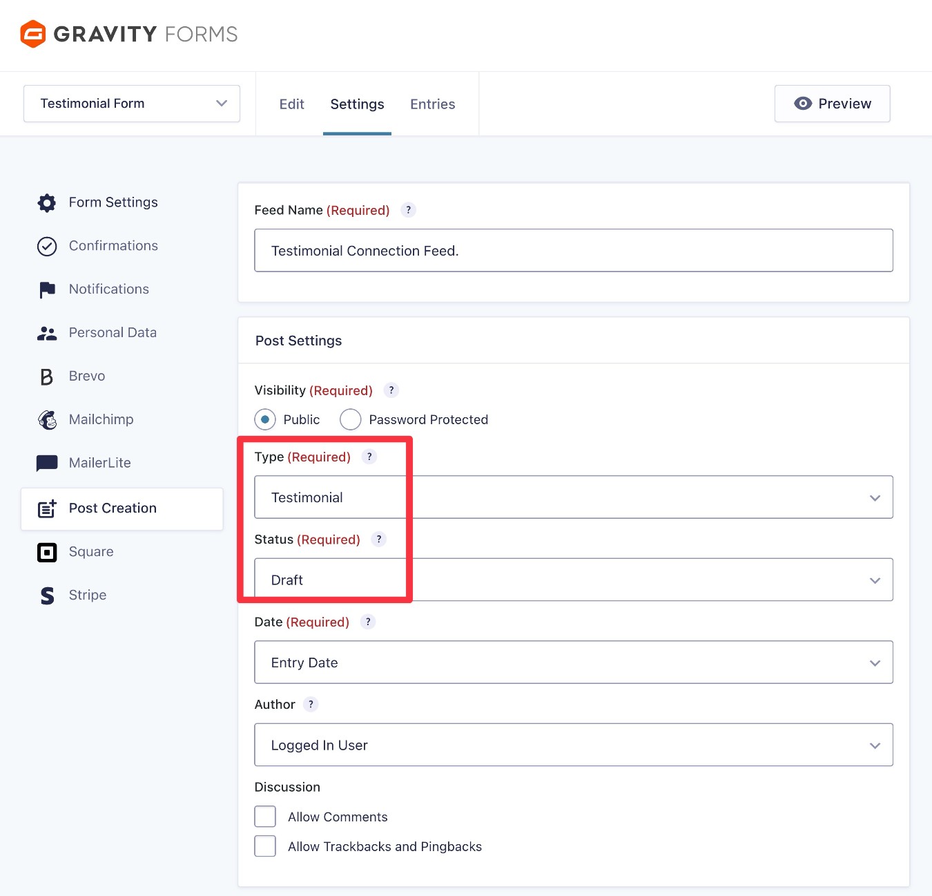 Connect testimonial form to testimonial post type