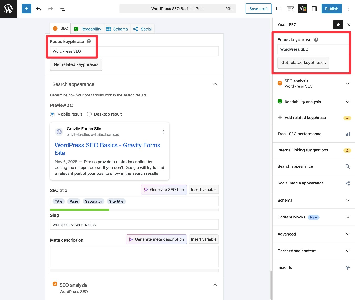 Set Yoast SEO focus keyword