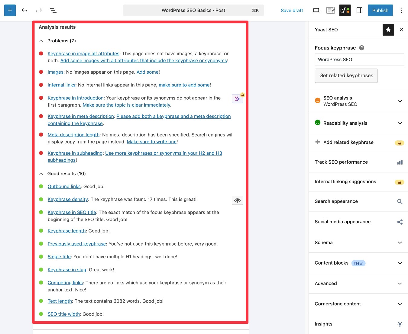 Yoast SEO keyword optimization suggestions