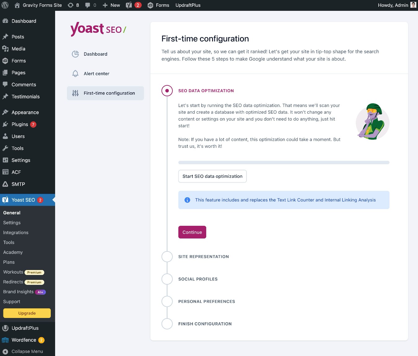 Yoast SEO configuration wizard to set up WordPress SEO basics