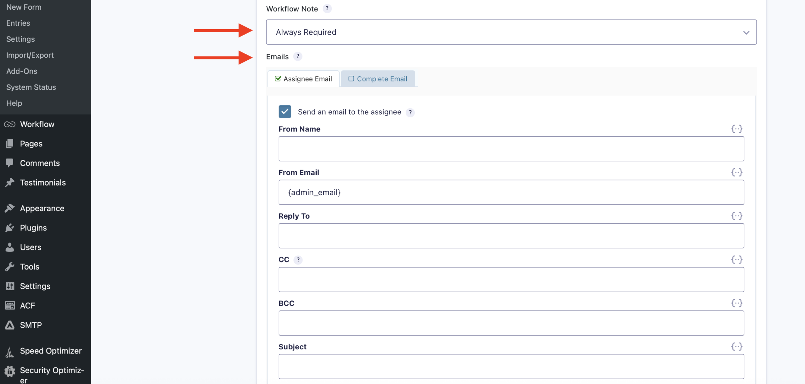 Flow-User Input note required and email settings