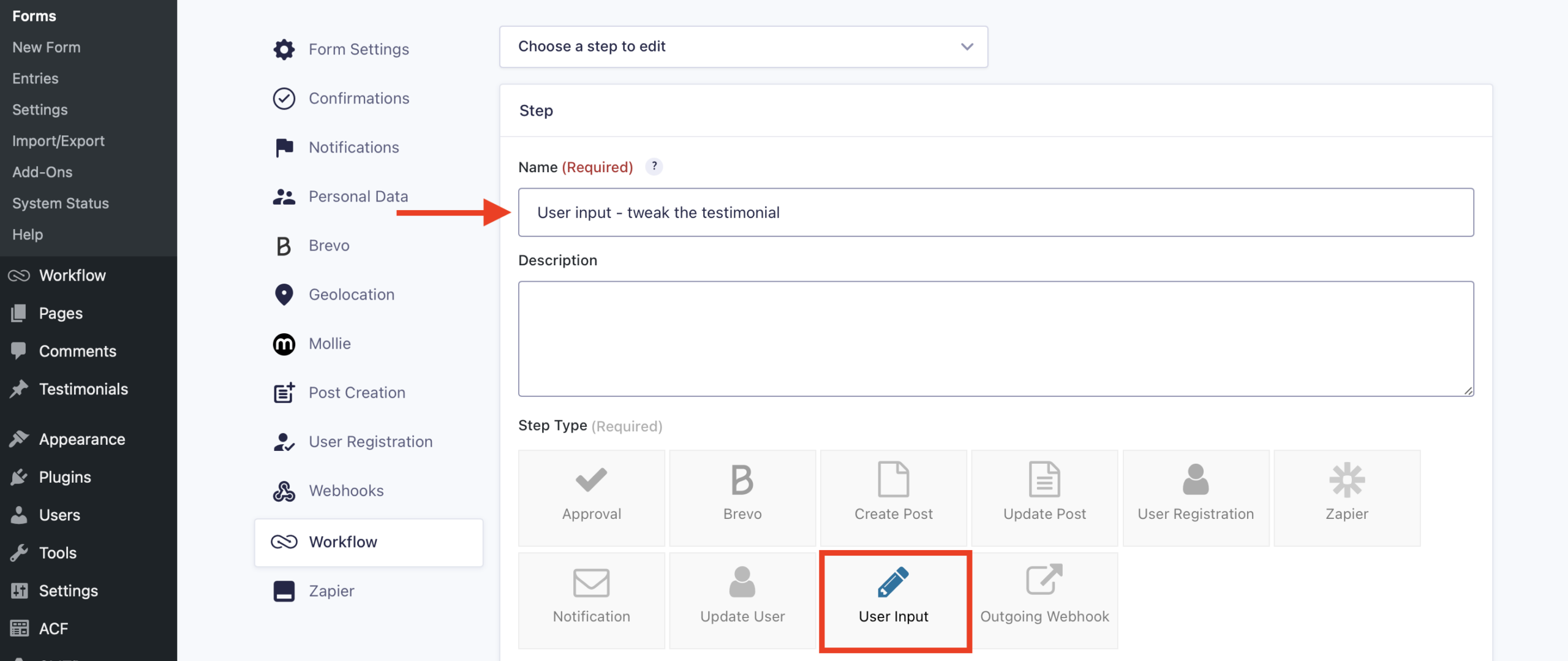 Flow-User Input step name and type