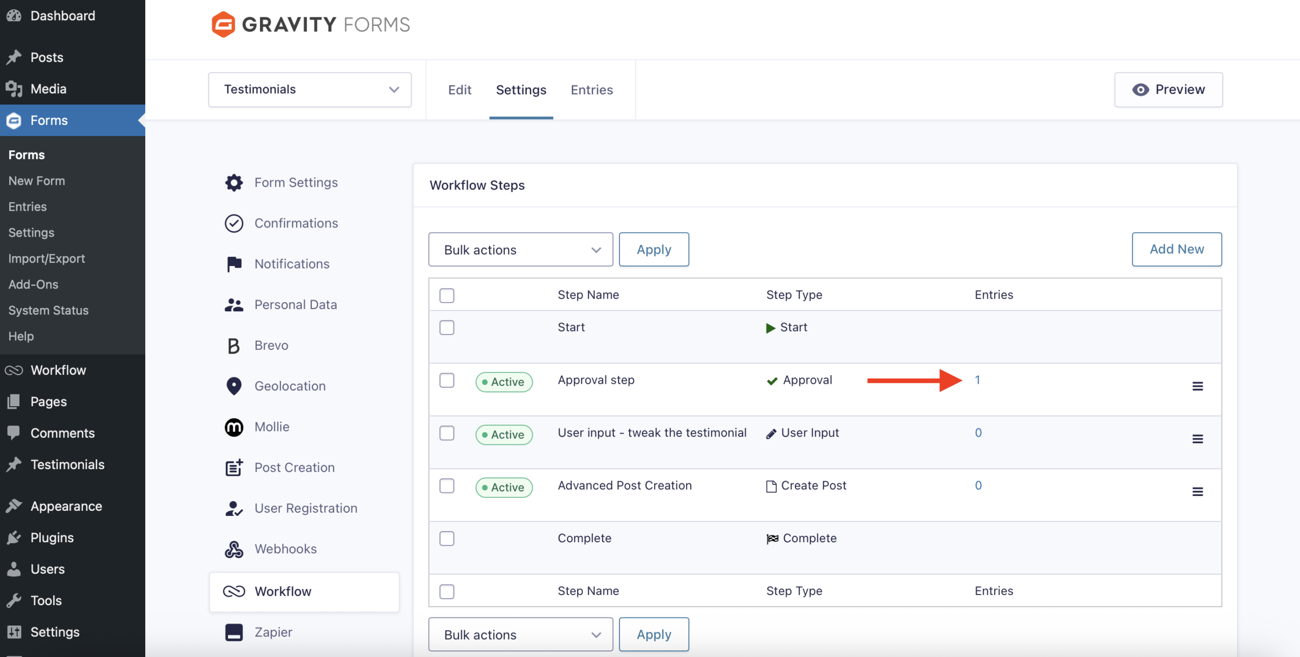 Flow-Workflow steps with entries