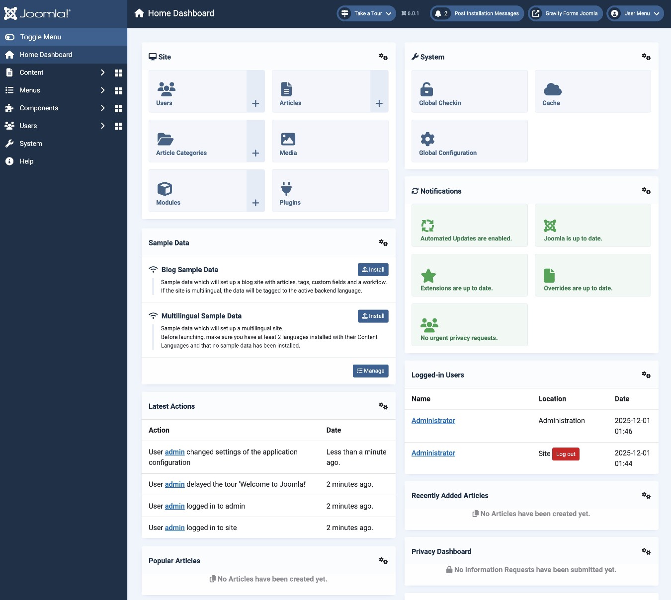Joomla dashboard