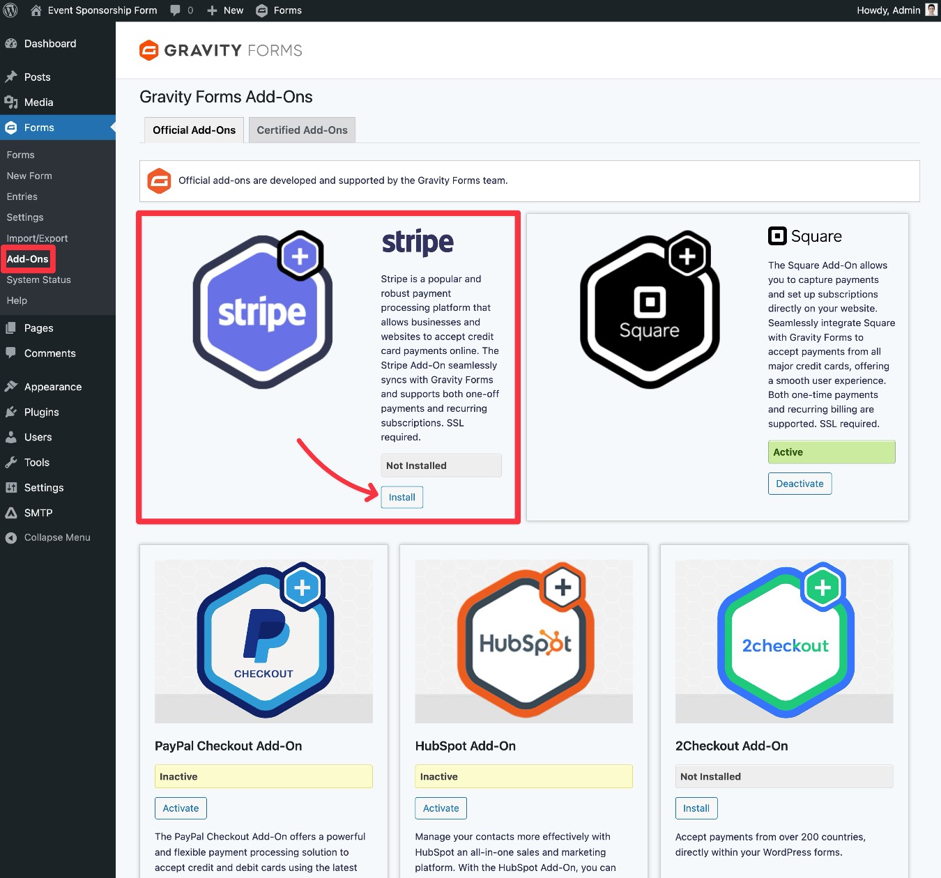 Install Stripe add-on