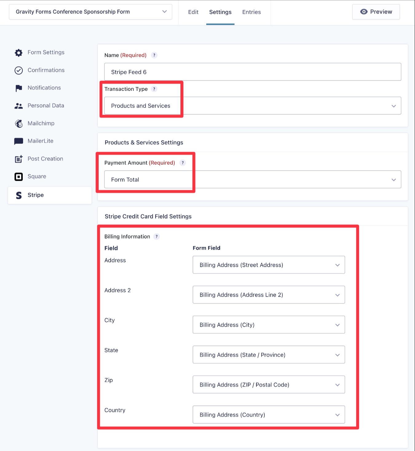 Configure main Stripe feed settings